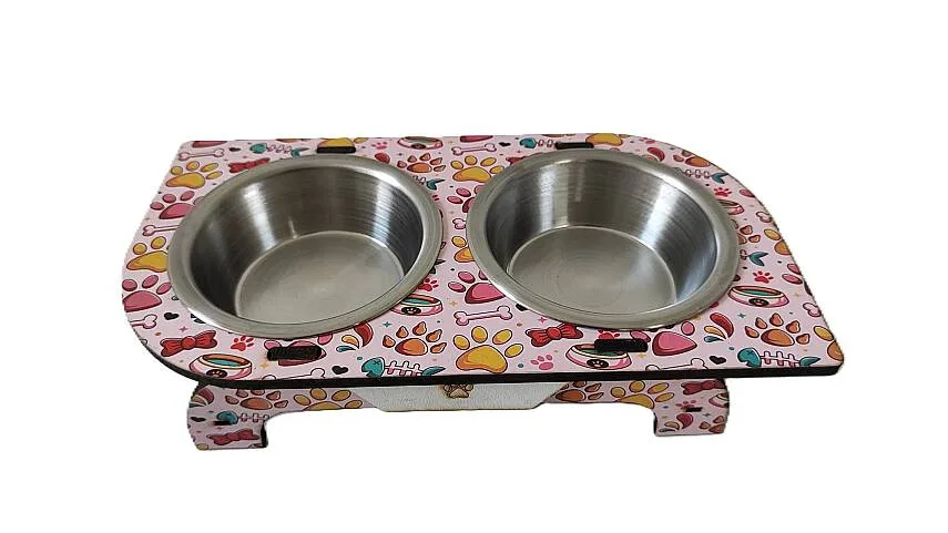 İkili Desenli Çift Köşeli Mama Kabı Yuv. Pembe 12,5x3,5cm Çelik