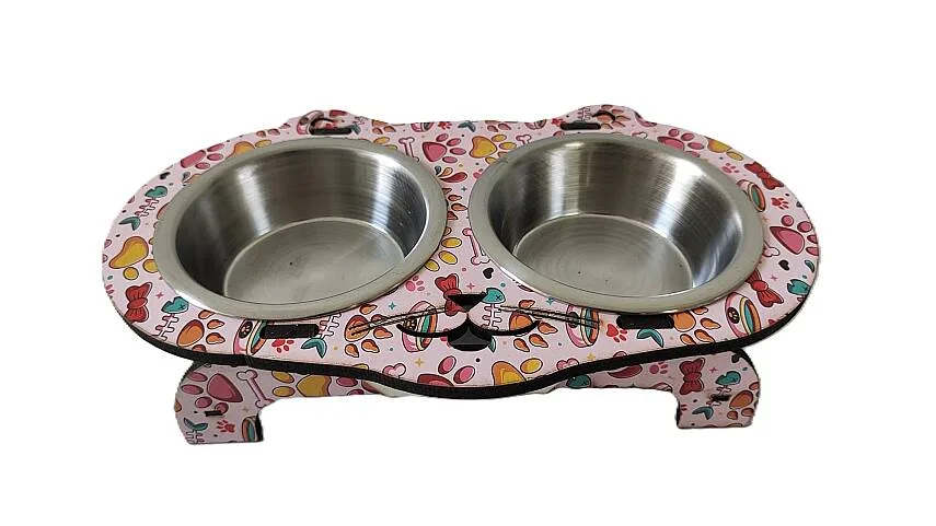 İkili Desenli Kedi Kalıplı Mama Kabı Yuv. Pembe 12,5x3,5cm Çelik