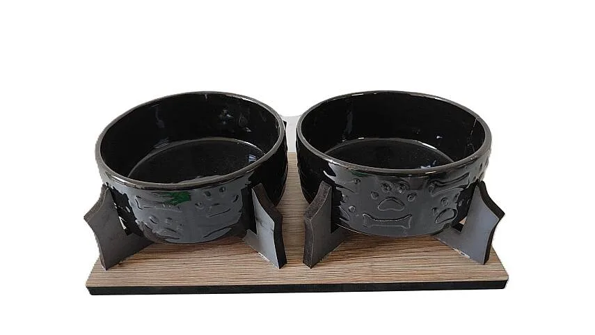 İkili Dikdörtgen Mama Kabı Büyük Boy Siyah Yuv. 14x6cm Seramik